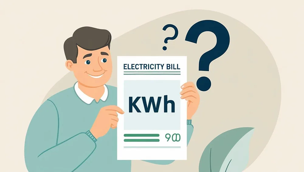 [A descriptive infographic or image showing a homeowner pointing at a Power Consumption Meter plug, with a smile of realization, while comparing it to a physical electricity bill on a wooden table.]