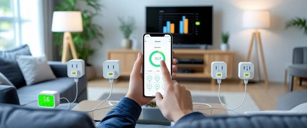 [A photorealistic image of a living room at night with various electronics plugged into a power strip, with one prominent Power Consumption Meter plug glowing softly, highlighting the contrast between active and standby power.]