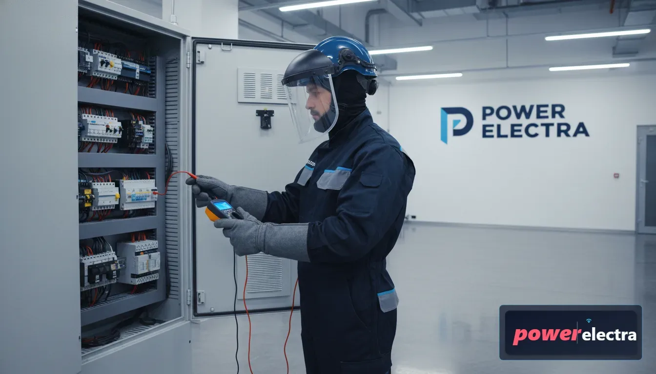 [A high-resolution, photorealistic shot of an electrician in full Arc Flash PPE, including a face shield and heavy-duty gloves, meticulously inspecting a large industrial control panel with a digital multimeter in a clean, modern factory setting.]