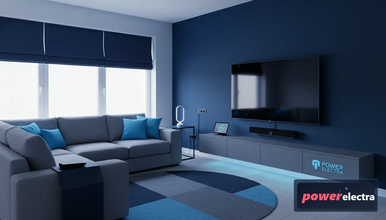 [A high-quality, photorealistic image of a modern, well-lit family living room where all electrical cords are neatly organized and out of sight, emphasizing a clean and safe environment.]