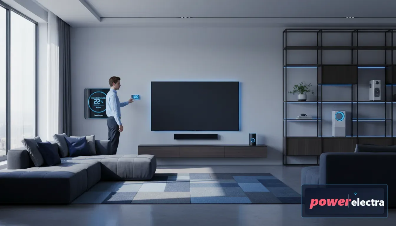 [A high-quality, photorealistic image of a modern, sunlit living room with energy-efficient appliances, smart lighting, and a person checking a digital thermostat.]