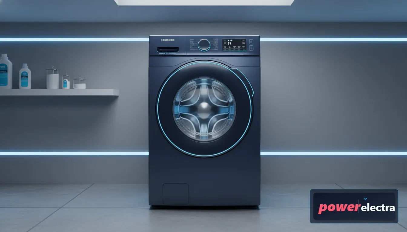 [A high-resolution, photorealistic image of a modern Samsung top-loader washing machine in a bright, minimalist laundry room, showing a gleaming stainless steel drum.]