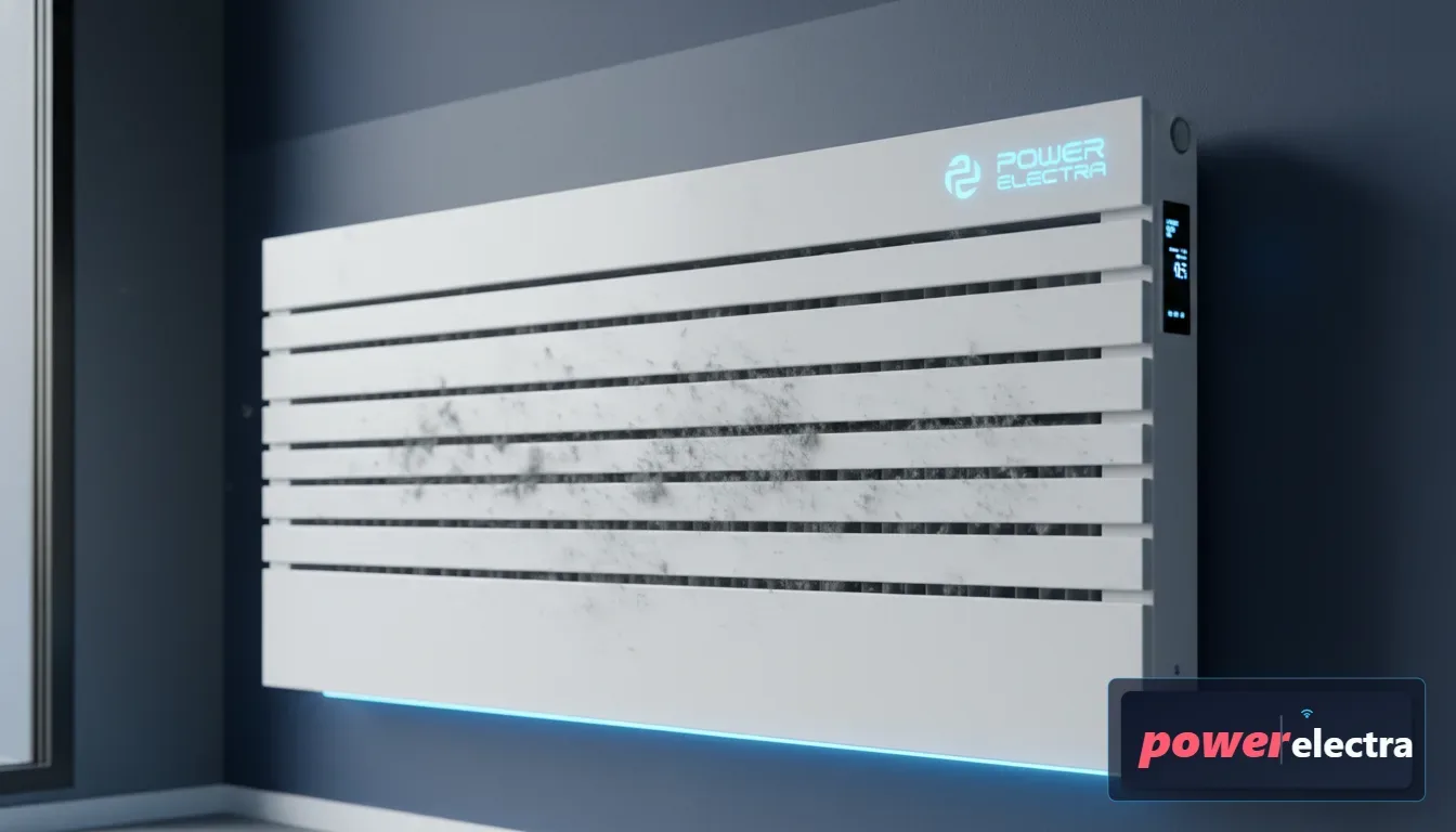 [A high-resolution, close-up shot of a modern white panel radiator with visible dust accumulation between the metal fins, shot in soft natural daylight to highlight texture]