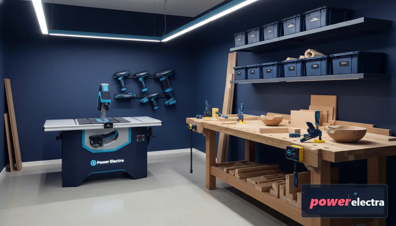 [A bright, organized home workshop featuring a high-end table saw in the center with various woodworking projects in progress on a sturdy wooden workbench]