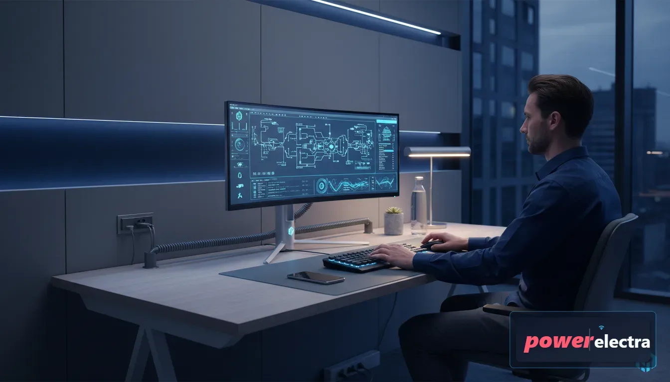 [A high-end, photorealistic image of a modern, clean office workspace with neatly organized cables and a focused professional working safely at a desk.]