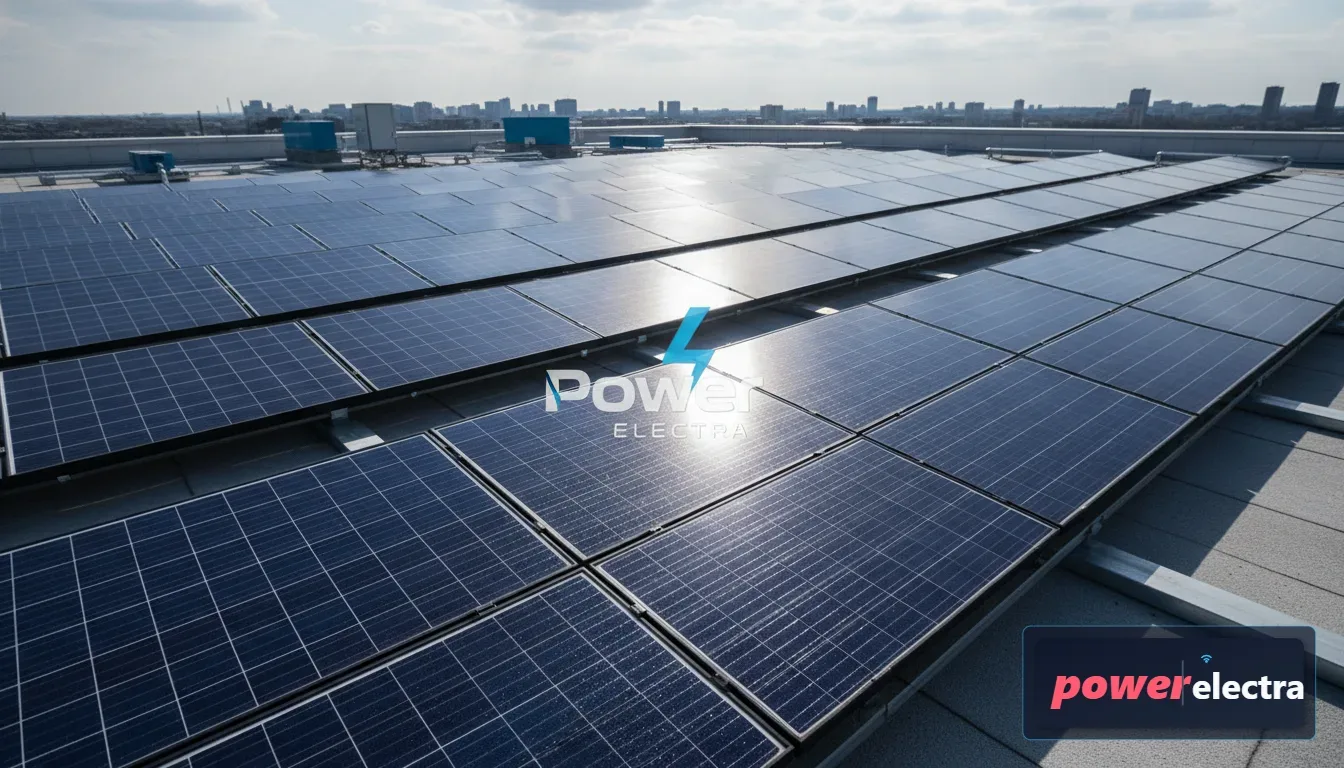 [A high-resolution, photorealistic 3D render of a modern solar panel array on a rooftop, with sunlight reflecting off the silicon cells, highlighting the texture and crystalline structure.]