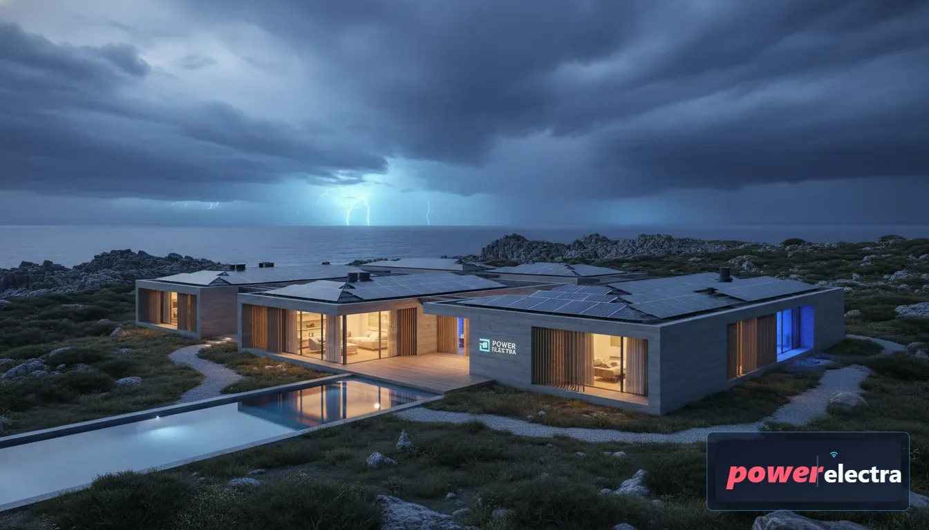 [A cinematic wide shot of a modern sustainable home with solar panels under a dramatic, cloudy twilight sky, glowing warmly from the inside to represent energy resilience.]