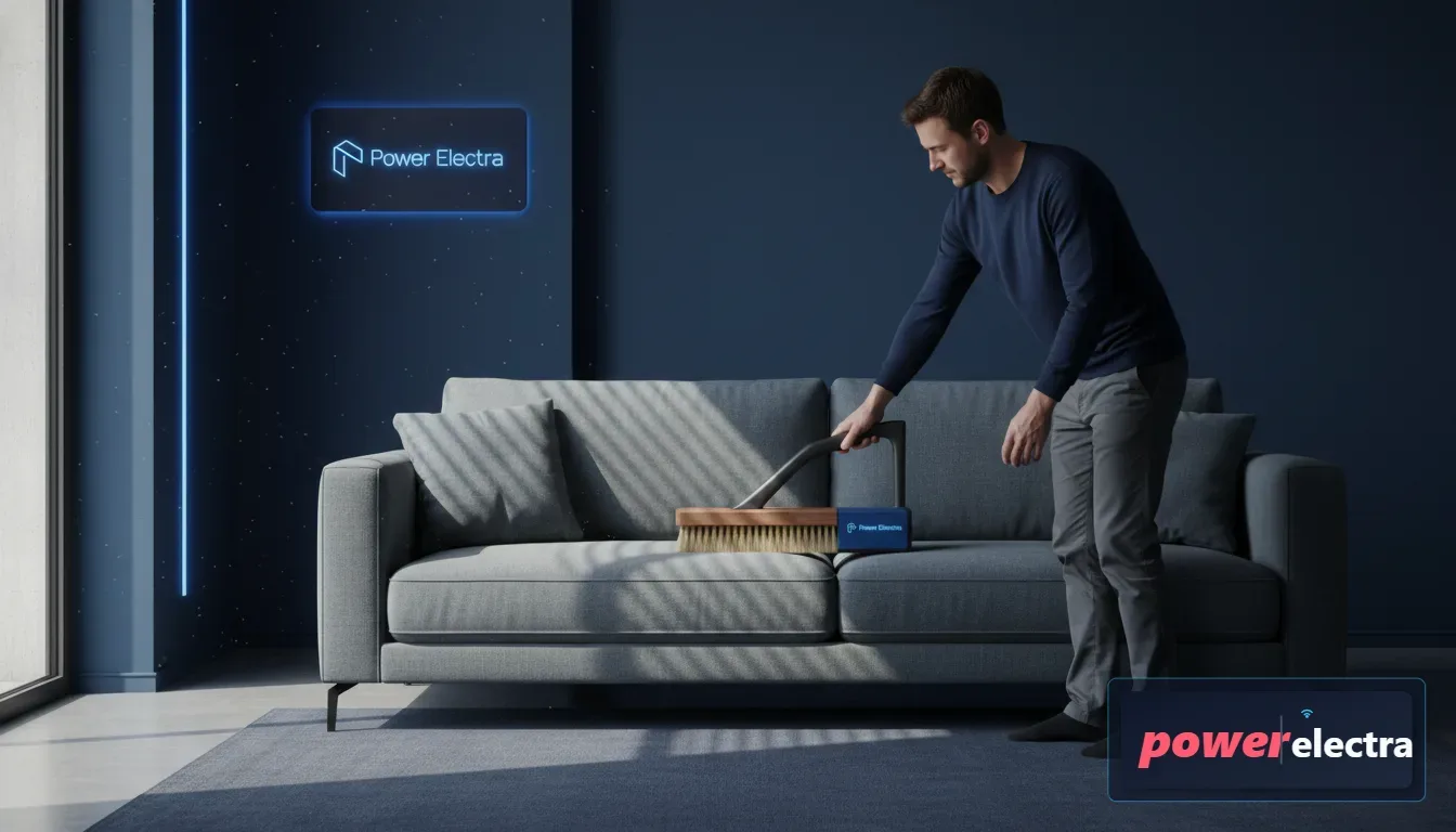 [A high-resolution, photorealistic image of a person using a stiff-bristled wooden brush to clean the surface of a grey fabric sofa, with natural sunlight streaming through a window onto the clean textures]