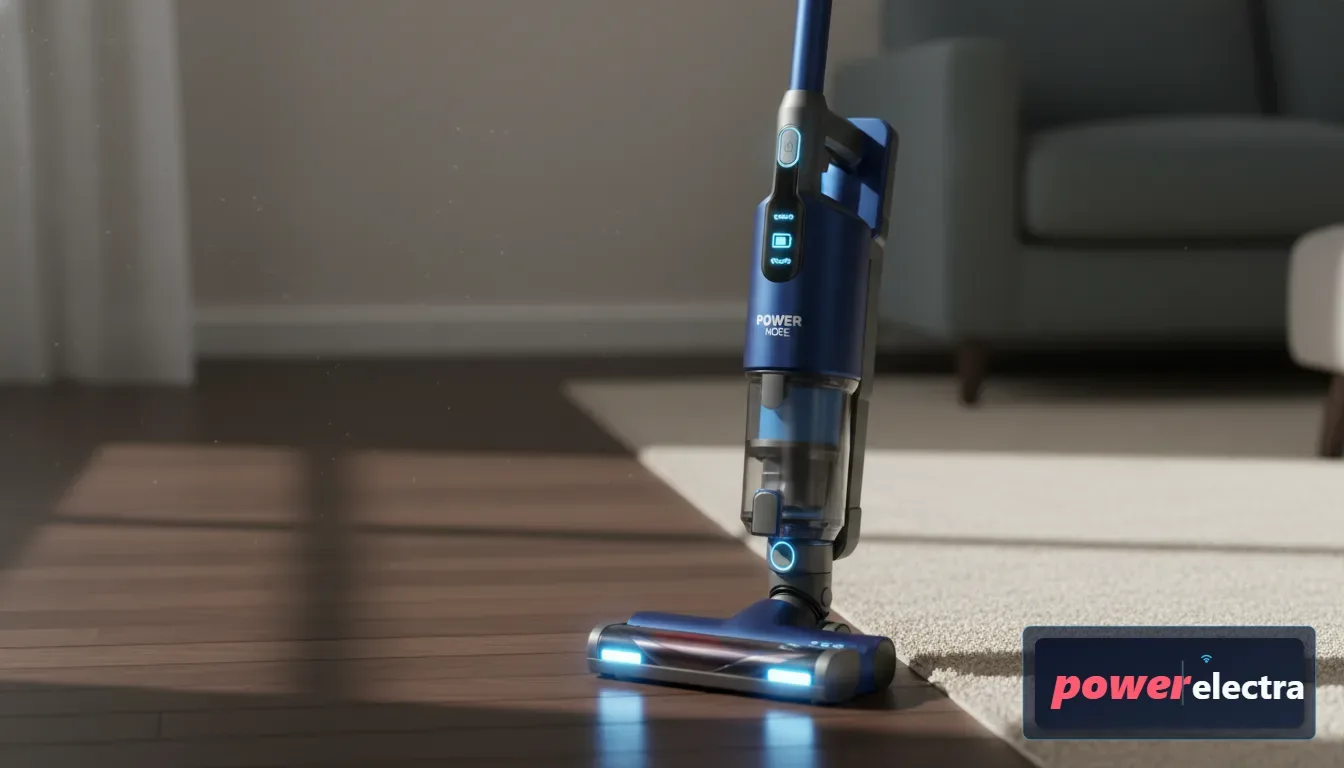 [A sleek, modern cordless stick vacuum standing upright on a transition line between a polished dark walnut floor and a cream-colored plush carpet, cinematic lighting, 4k]