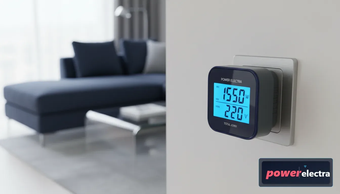 [A high-quality, photorealistic close-up of a modern digital Electricity Usage Monitor 220v plugged into a sleek wall outlet, displaying a bright blue backlit LCD screen with clear wattage and voltage readings in a contemporary home setting.]