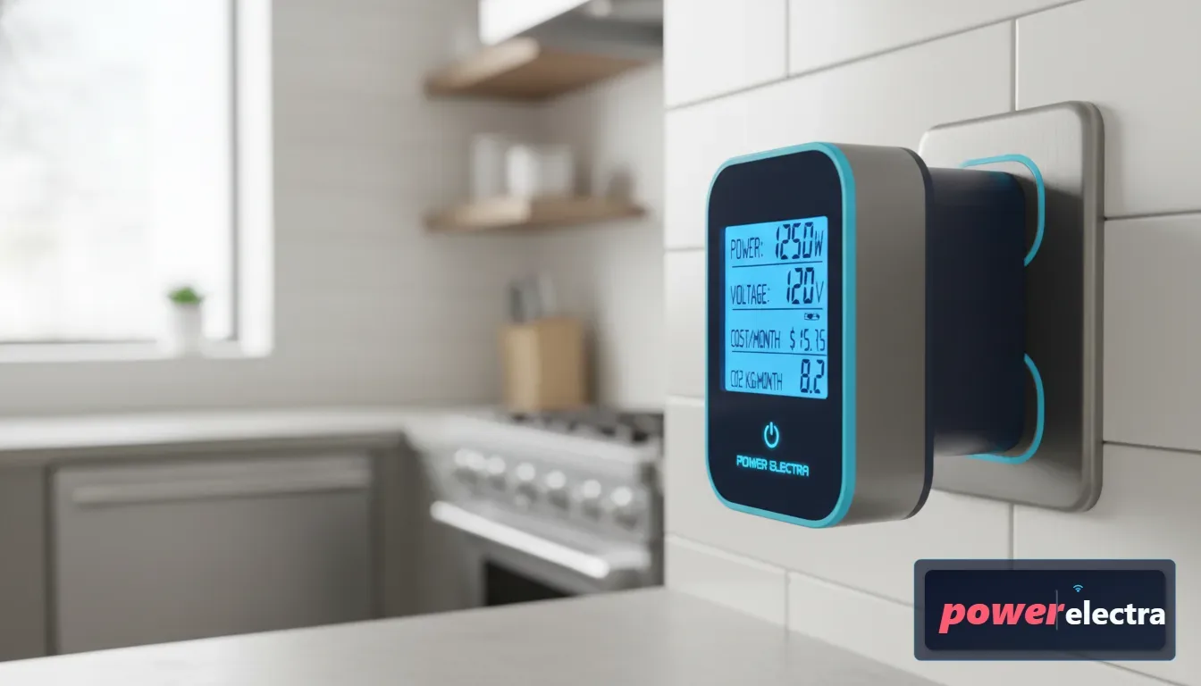 [A high-end, close-up shot of a sleek digital Power Consumption Meter plug connected to a wall outlet, showing a bright LCD display with energy statistics in a modern, well-lit kitchen.]