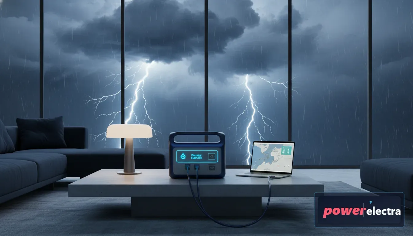[A high-end, sleek portable power station sitting in a modern living room, powering a lamp and a laptop during a storm, photorealistic, cinematic lighting]