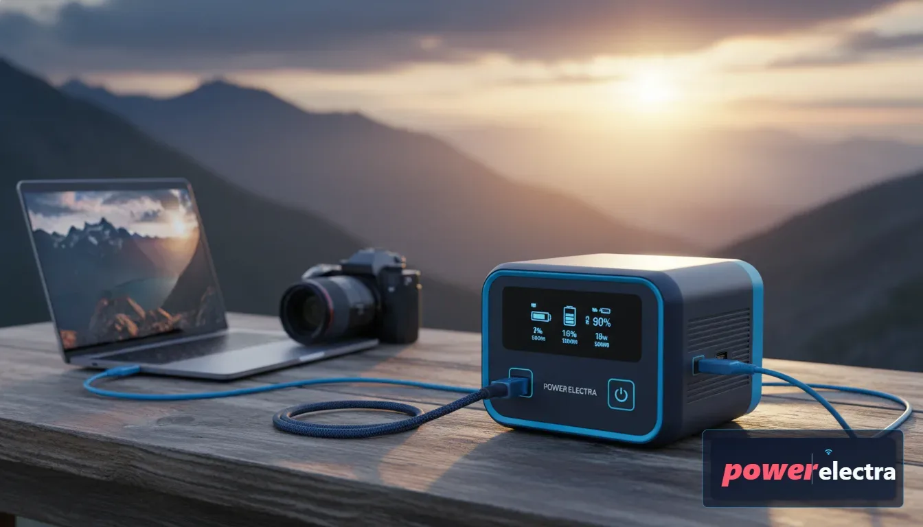 [A photorealistic image of a sleek, modern, compact portable power station sitting on a wooden table outdoors, connected to a laptop and a high-end camera, with a scenic mountain sunset in the blurred background]