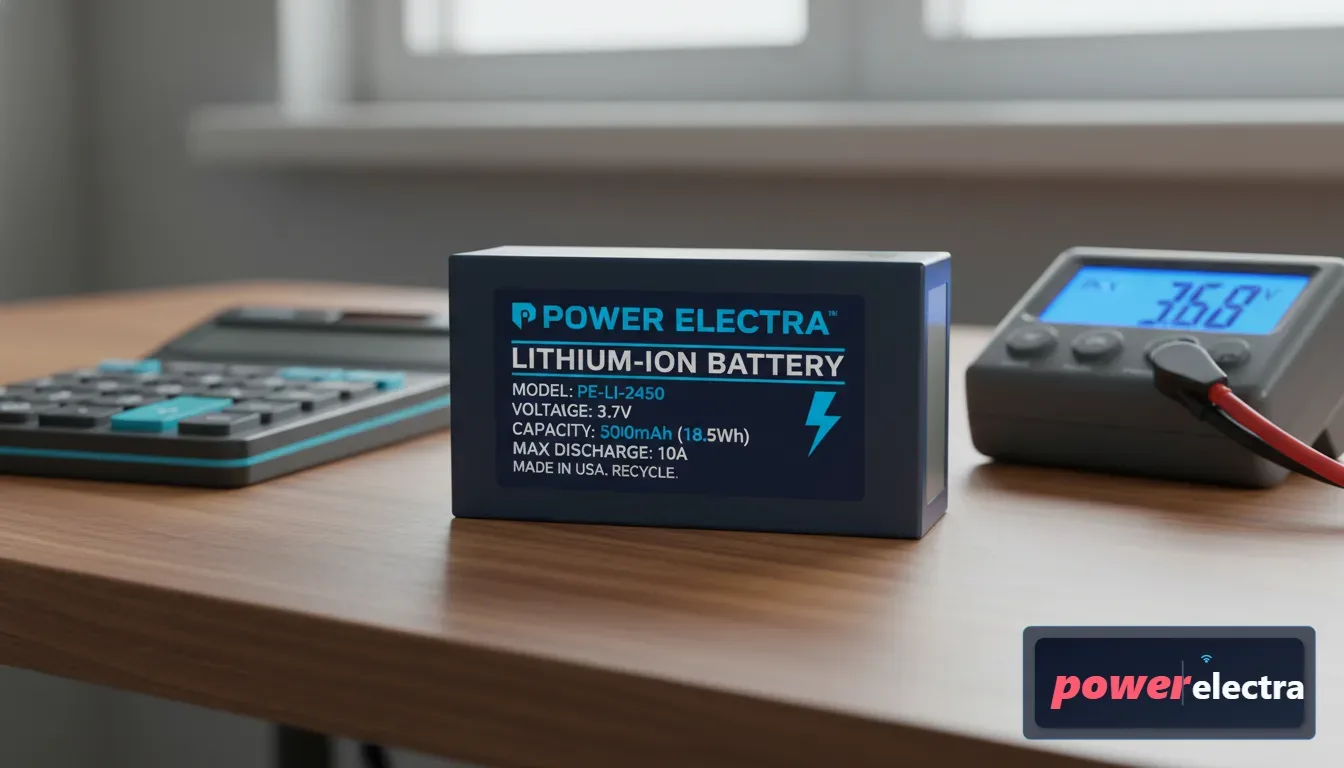 [A high-resolution, photorealistic close-up of a lithium-ion battery label showing technical specifications like Voltage and Amp-hours, placed on a modern wooden desk next to a calculator and a digital multimeter.]