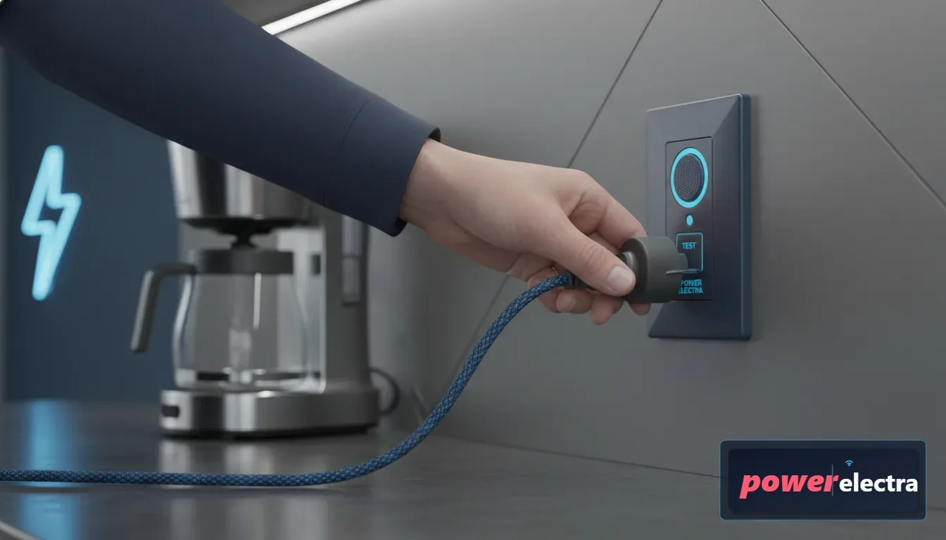 [A detailed close-up shot of a Ground Fault Circuit Interrupter (GFCI) outlet in a modern kitchen, with a person safely plugging in a coffee maker, highlighting the 'Reset' and 'Test' buttons.]