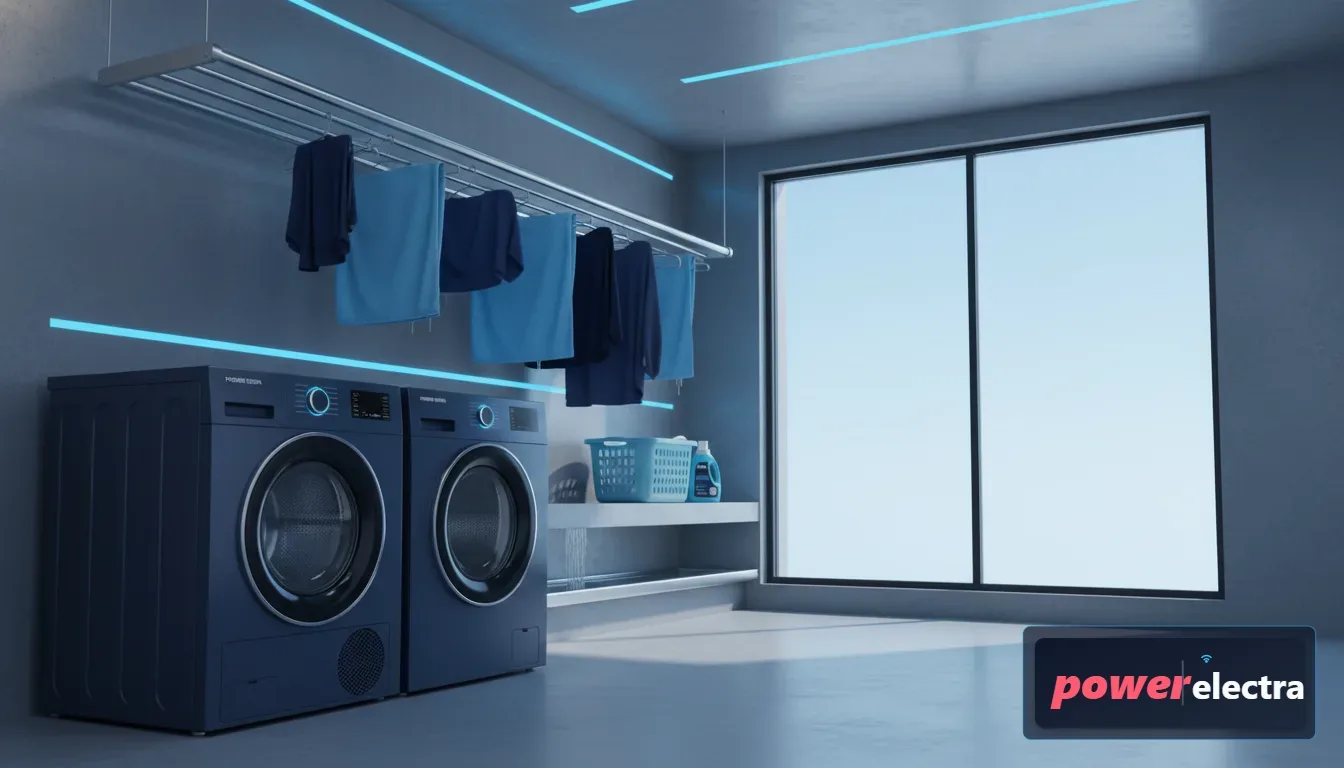 [A detailed, wide-angle shot of a sleek laundry room featuring a modern front-load washing machine and a hanging rack for air-drying clothes in a bright, airy space.]