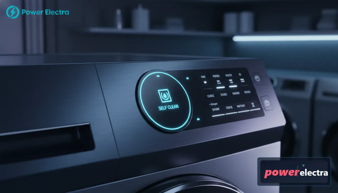 [Close-up of a Samsung washing machine control panel with the Self Clean indicator light glowing softly.]