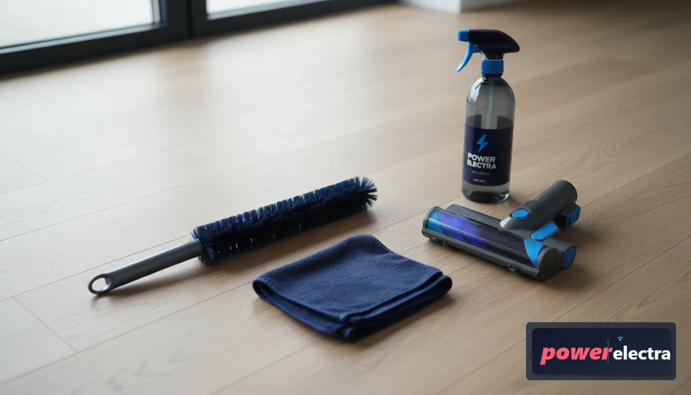 [A professional flat-lay photograph of cleaning supplies including a long-handled radiator brush, a Dyson vacuum attachment, a microfiber cloth, and a spray bottle on a wooden floor]
