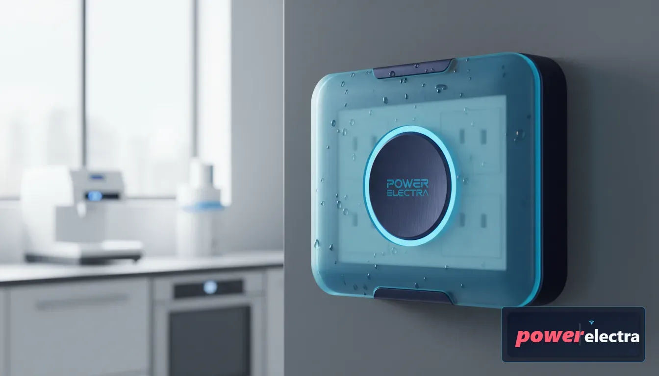 [A detailed close-up of a modern, waterproof power outlet cover in a clean kitchen or laboratory setting, emphasizing safety and protection.]