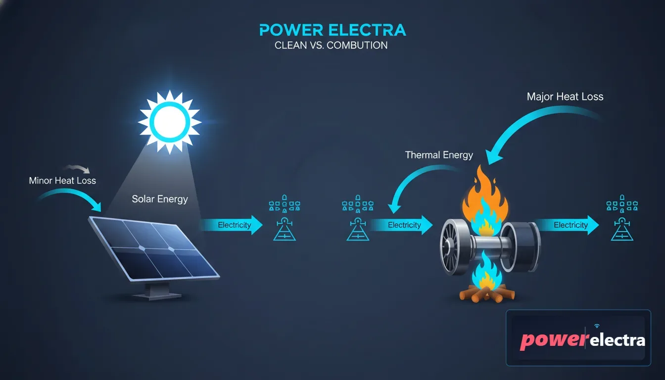 [A comparative infographic style image showing a glowing sun above a solar panel and a roaring fire below a turbine, with arrows indicating energy flow and heat loss.]