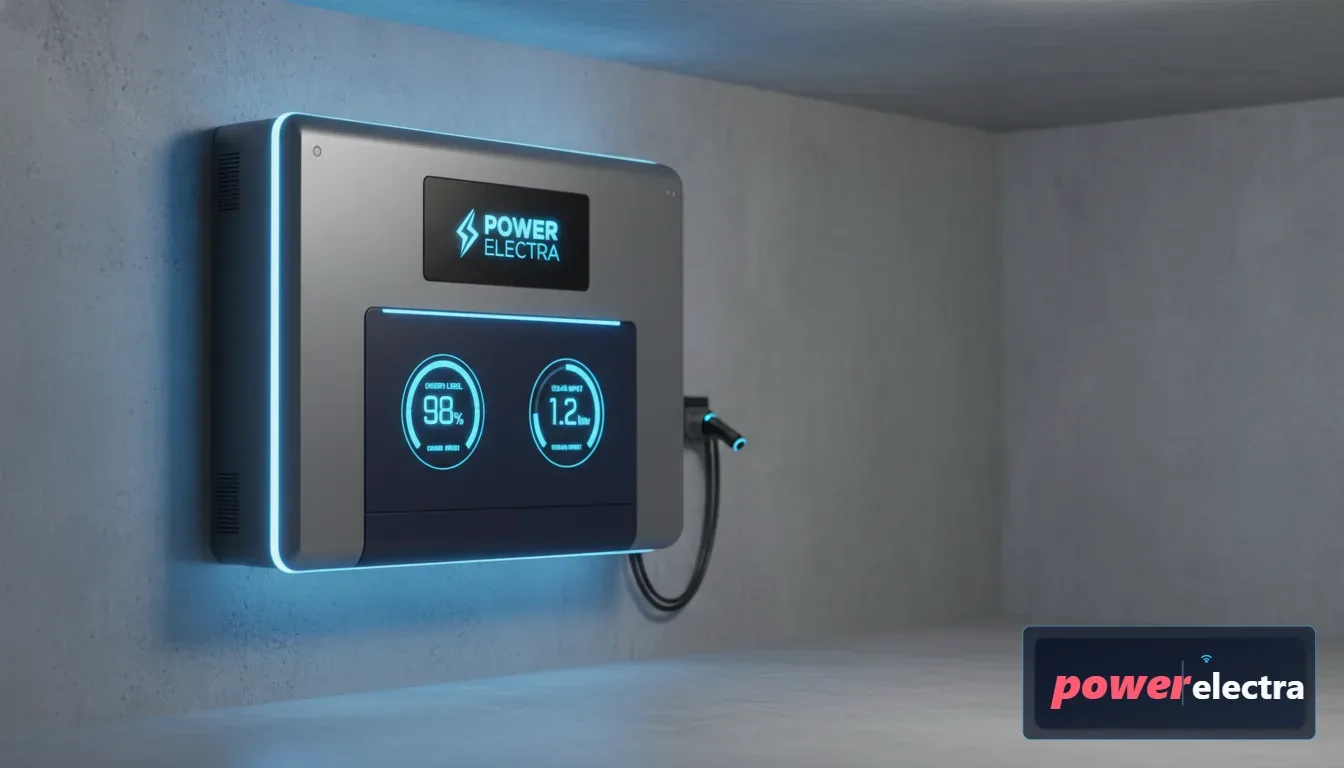 [A high-detail, photorealistic close-up of a sleek, wall-mounted lithium-ion solar battery in a clean, minimalist garage setting, with digital displays showing energy levels.]