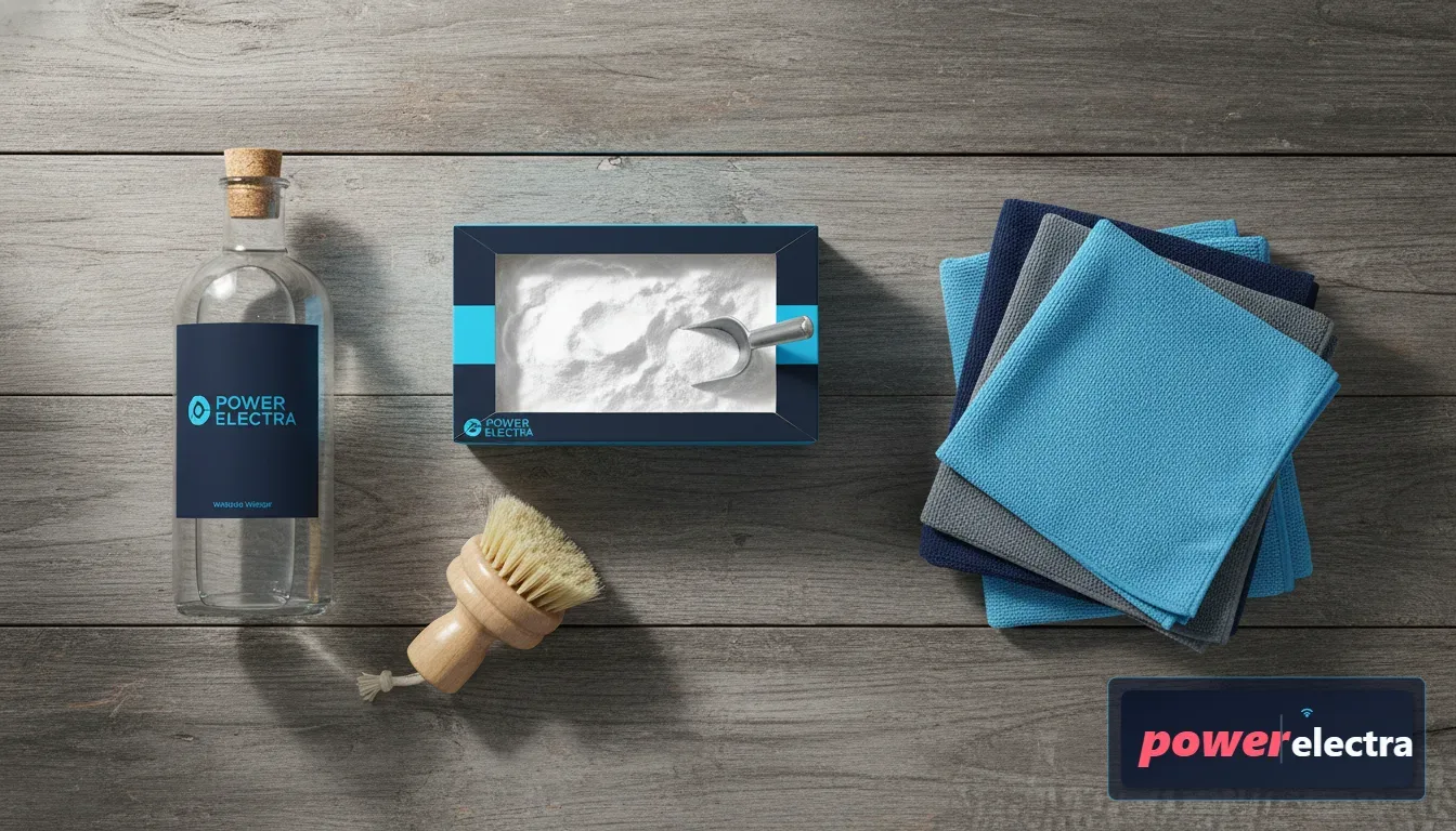 [A flat-lay photograph of natural cleaning supplies: a box of baking soda, a bottle of white vinegar, a wooden brush, and neatly folded microfiber cloths on a rustic wooden table]