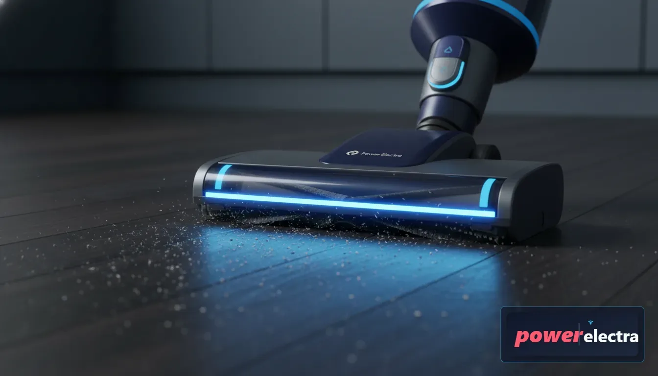 [Close-up of a vacuum head with a laser light revealing fine dust particles on a dark hardwood surface, high contrast, professional photography]