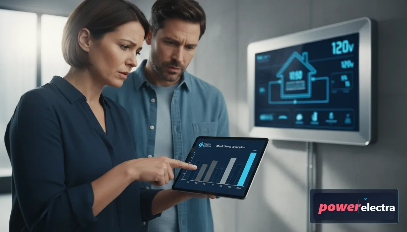 [A lifestyle image showing a concerned homeowner pointing at a tablet screen that displays a colorful bar chart of weekly energy consumption, with a 220v monitor visible in the background background.]