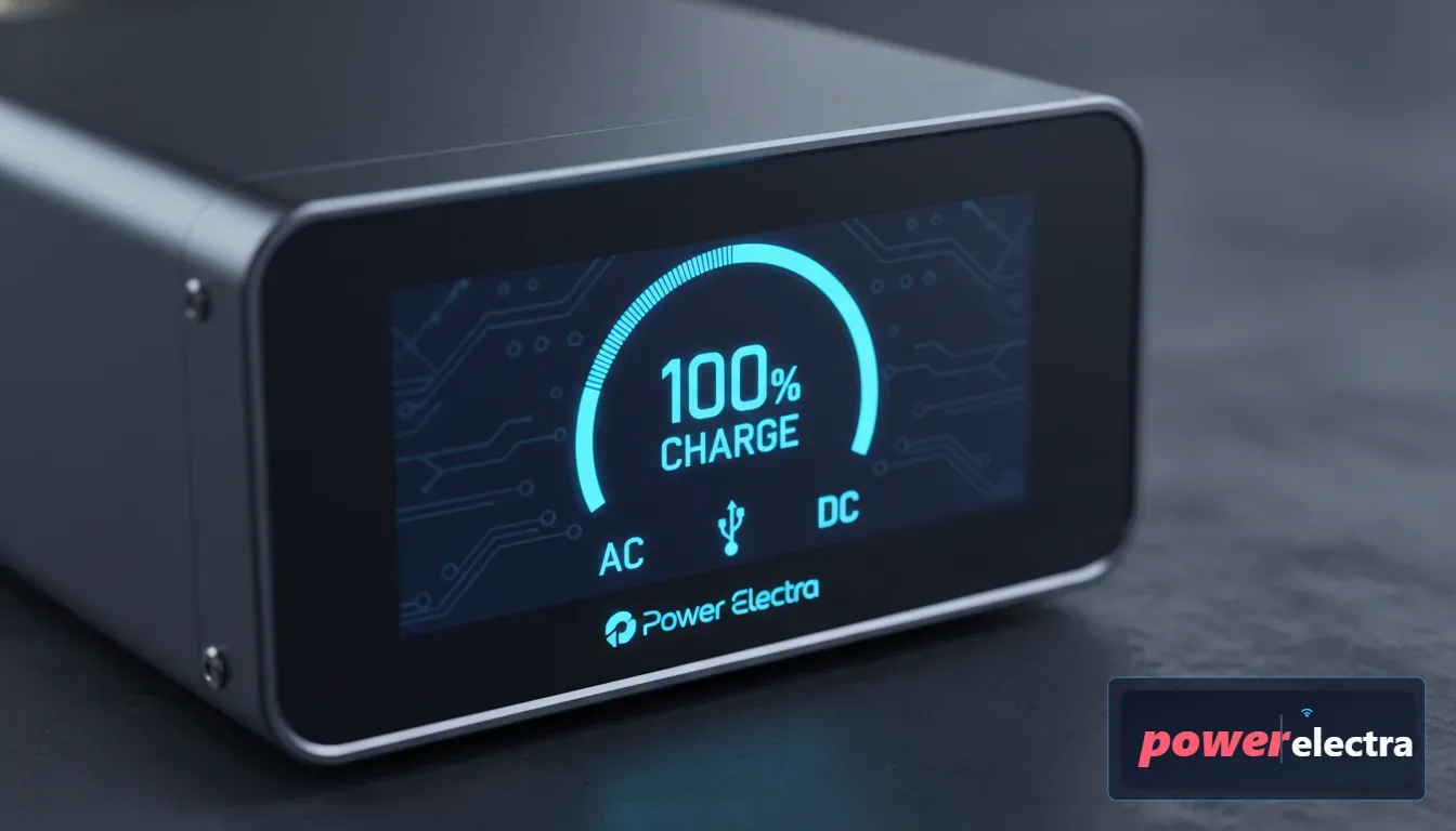 [A detailed close-up of a digital display on a power station showing 100% charge and various output icons like AC, USB, and DC, high-tech aesthetic]