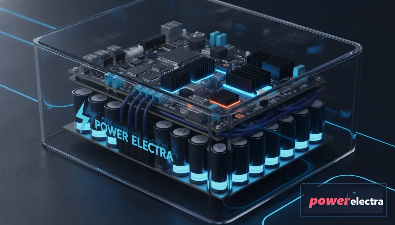 [A high-quality 3D render showing the internal components of a portable power station, highlighting the battery cells and the circuit board with professional blue and orange lighting]