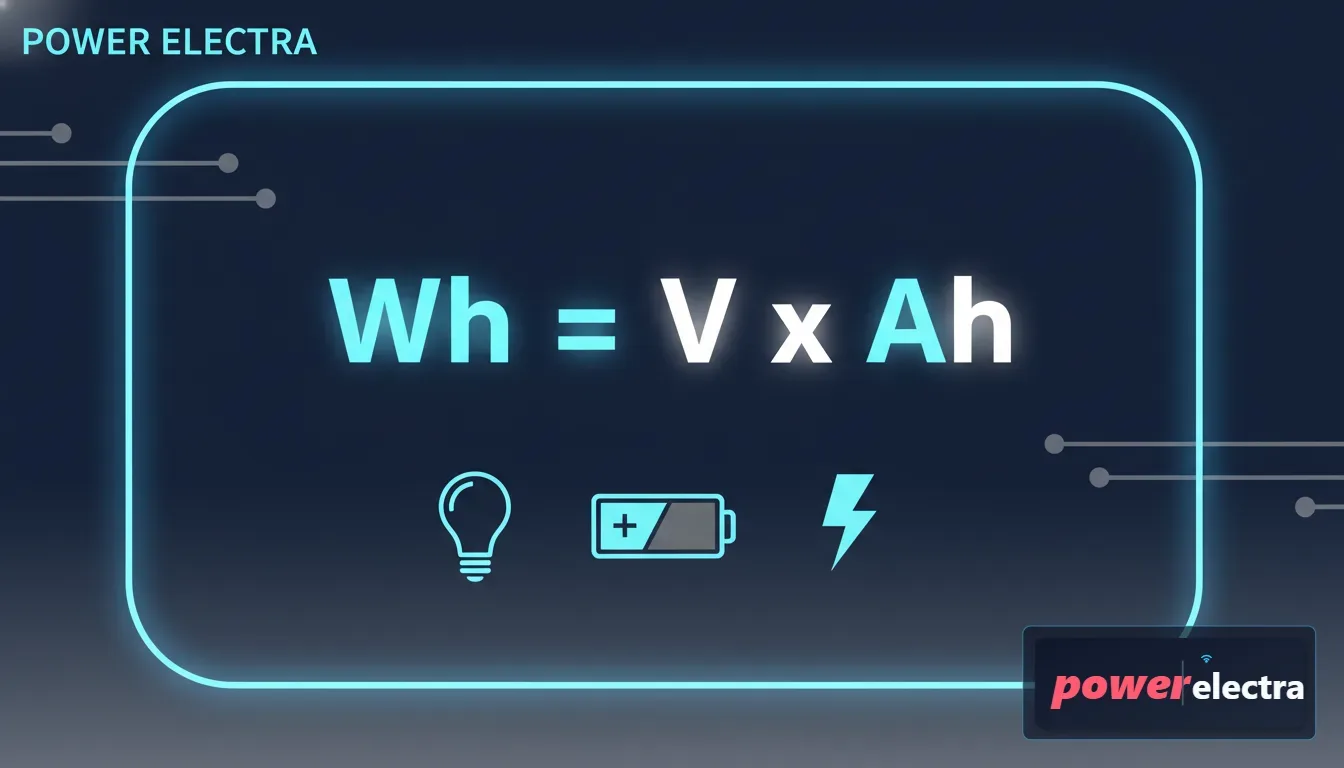 [An infographic style image showing a clear mathematical formula 'Wh = V x Ah' with bright, contrasting colors, surrounded by icons of a lightbulb, a battery, and a lightning bolt.]
