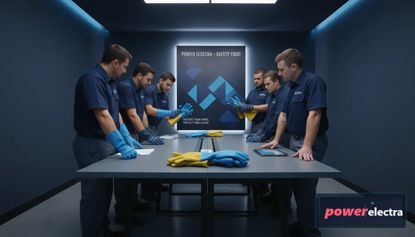 [A wide-angle shot of a safety training room where a group of electrical workers are gathered around a table, examining different classes of rubber gloves and leather protectors, with a safety poster visible on the wall behind them.]