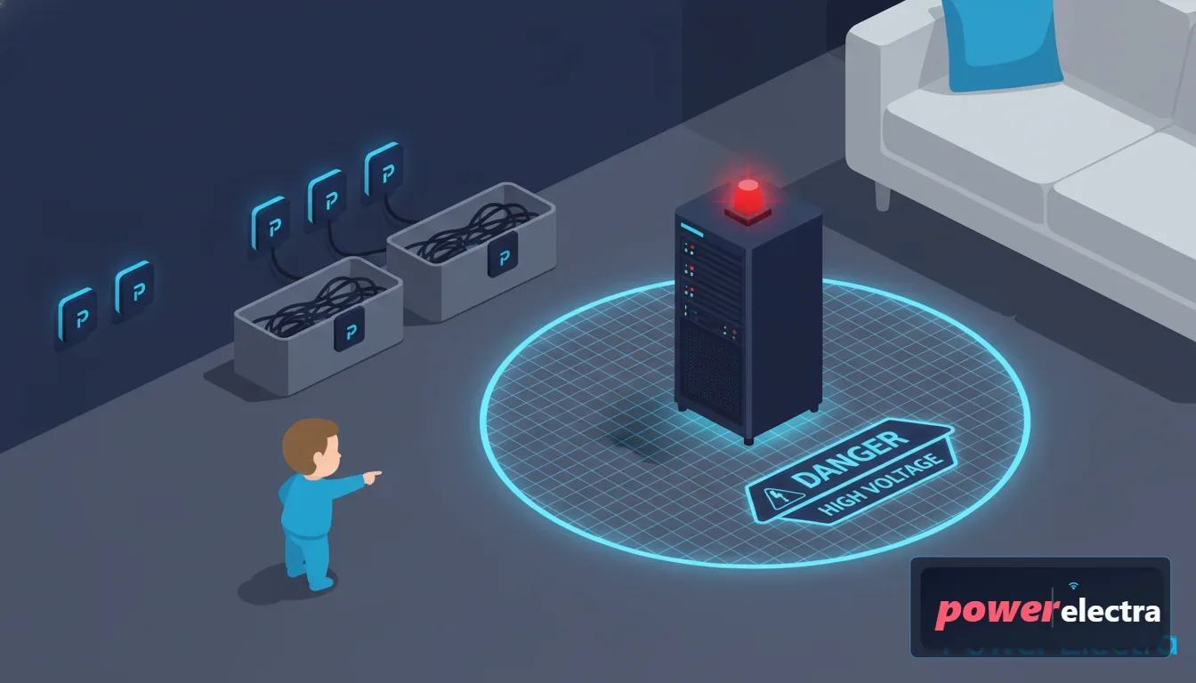 [An illustrative infographic style image showing a child-safe home setup, including outlet covers, cord management boxes, and a clear 'danger' zone marked around a high-voltage area.]