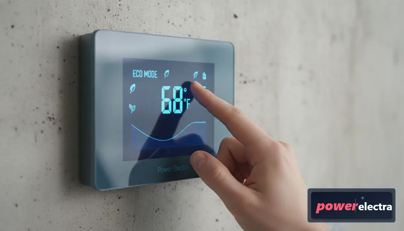 [A close-up, high-definition photo of a hand adjusting a sleek, modern smart thermostat mounted on a neutral-colored wall, with the digital display showing energy-saving icons.]