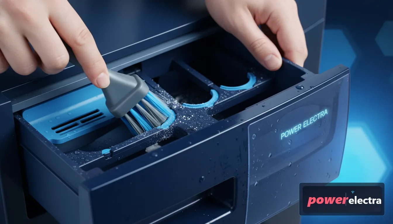 [A detailed shot of a person using a soft brush to clean the small crevices of a removable Samsung detergent dispenser drawer.]