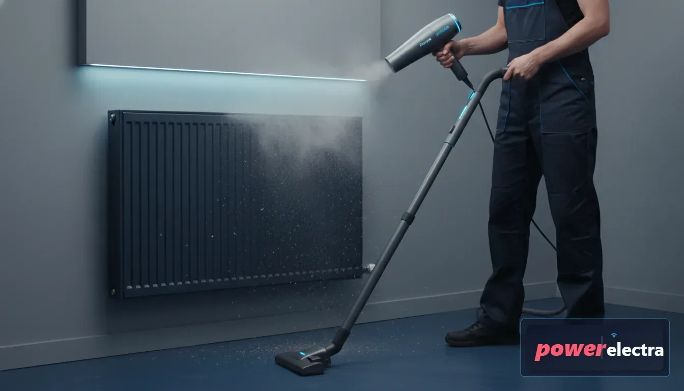 [A person using a hairdryer to blow dust out from the top of a radiator while a vacuum cleaner nozzle waits at the bottom to catch the debris]