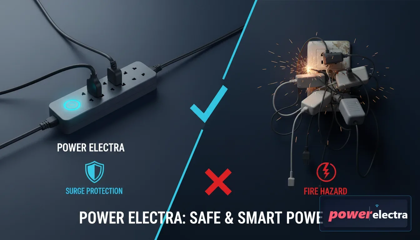 [An infographic-style photo showing a safe power strip with surge protection versus a dangerously overloaded wall socket with multiple adapters.]