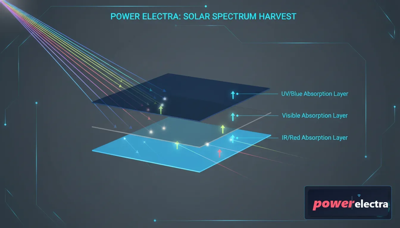 [A detailed scientific diagram showing the solar spectrum with different colors of light hitting a multi-layered solar cell, with some rays being absorbed and others passing through.]