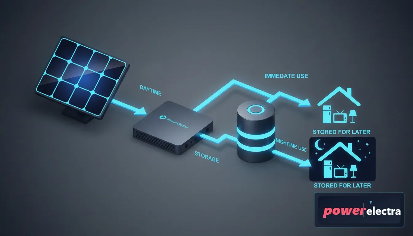 [An infographic-style 3D render showing energy flow from a solar panel through an inverter into a battery, then into various home appliances, highlighting the storage path for nighttime use.]