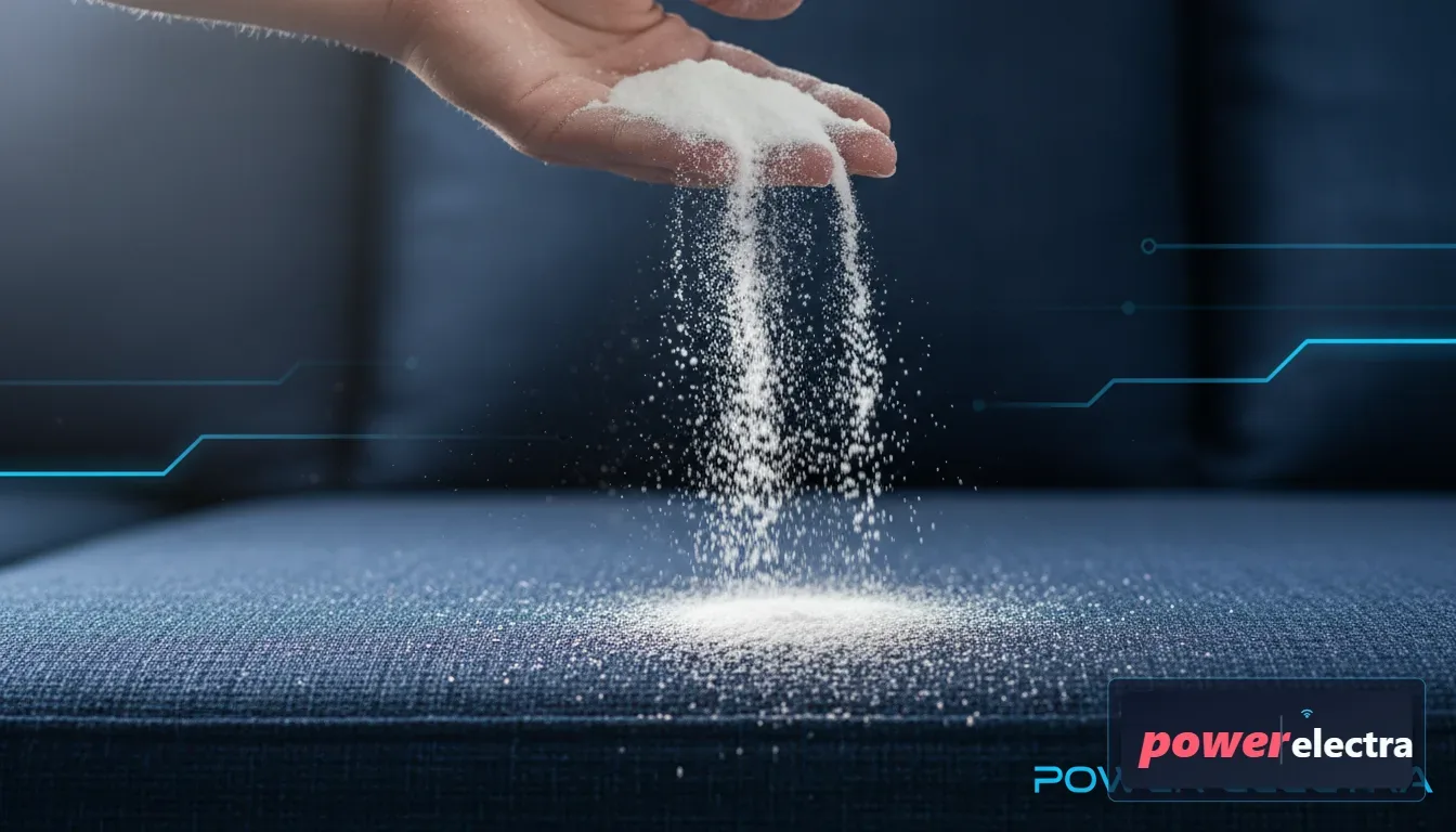[A close-up shot showing white baking soda being sprinkled from a hand onto a navy blue sofa fabric, highlighting the contrast and the texture of the powder]