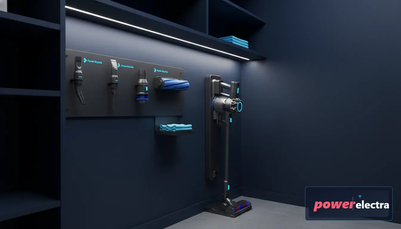[An organized cleaning closet showing various vacuum attachments like a crevice tool, mini motorized brush, and a soft roller head neatly stored on a wall mount]