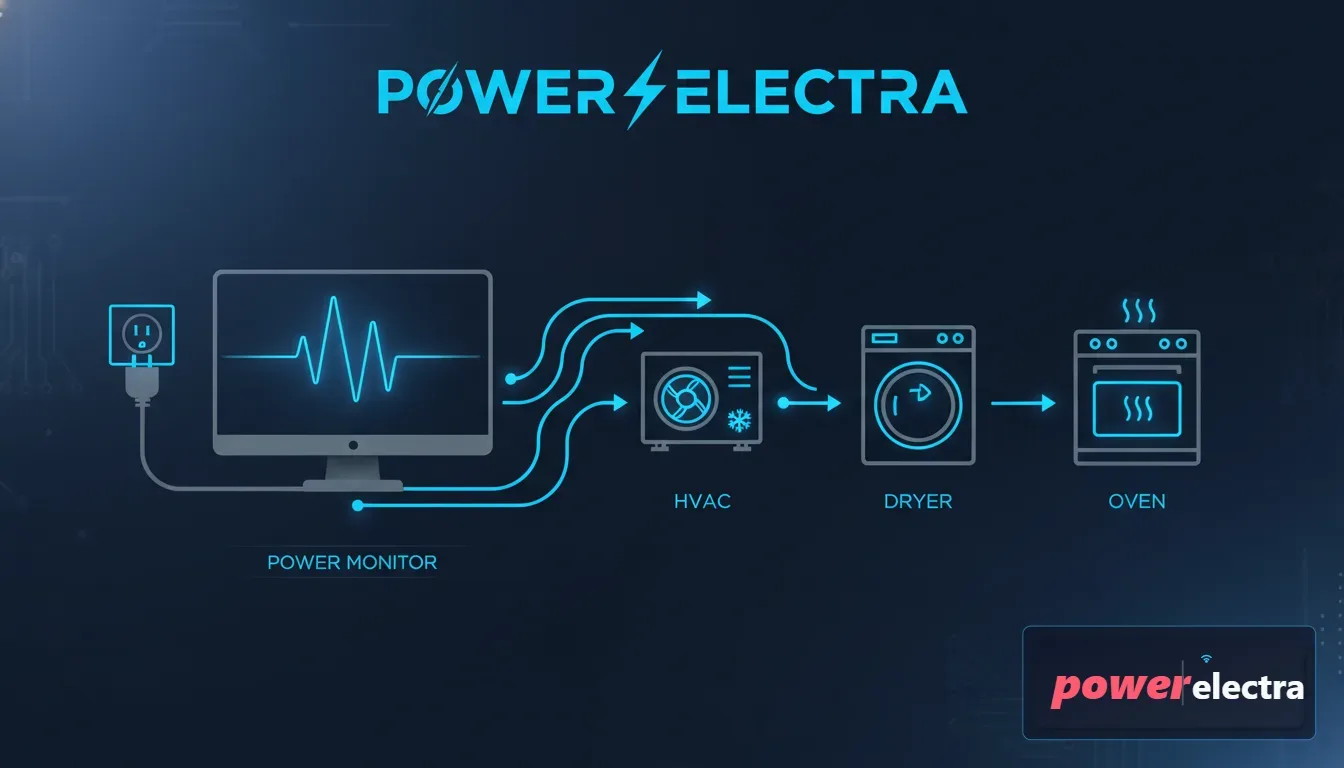 [An infographic style image showing a 220v plug-in monitor on the left and a series of icons representing high-voltage appliances like an AC unit, an electric dryer, and an oven, with arrows indicating the flow of data.]