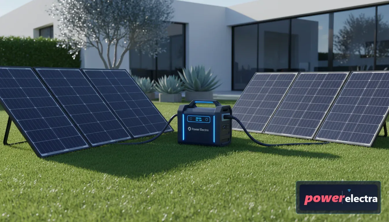 [An outdoor setup where a portable battery backup is connected to large foldable solar panels in a sunny backyard, emphasizing sustainable energy]