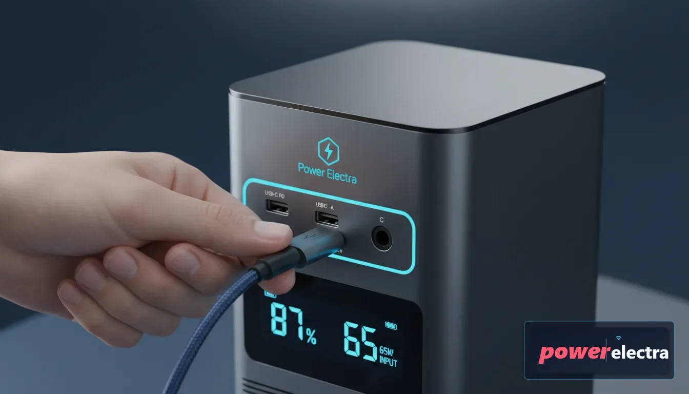 [A detailed close-up of a hand plugging a USB-C cable into a portable power station's front panel, showing clear labels and a bright LCD screen displaying battery percentage and wattage]