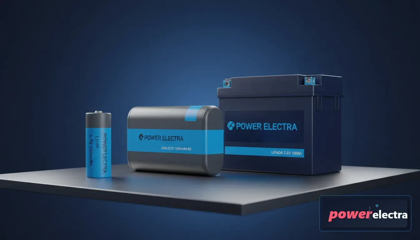[A professional comparison shot of three different sized lithium batteries: a tiny 18650 cell, a medium-sized drone battery, and a large lithium iron phosphate (LiFePO4) solar battery, all labeled with their specs.]